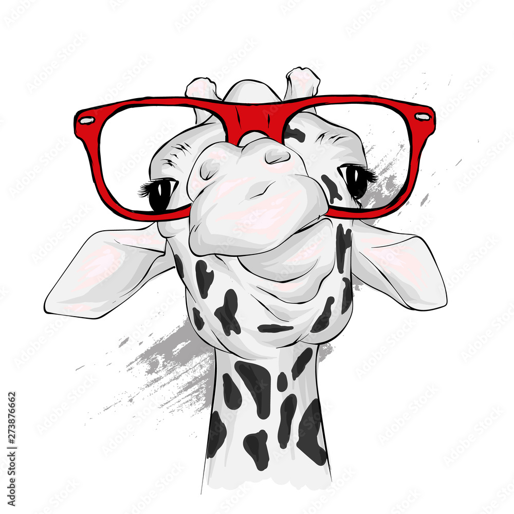 Obraz premium Funny giraffe with glasses. Vector illustration for greeting card or poster. Print on clothing or printed materials. Wild animal.