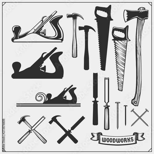 Set of woodworking and carpentry wood work tools. Carpentry Shop design. Black and white vector illustration. photo