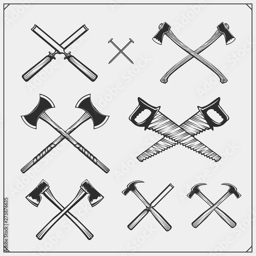 Set of woodworking and carpentry wood work tools. Black and white vector illustration