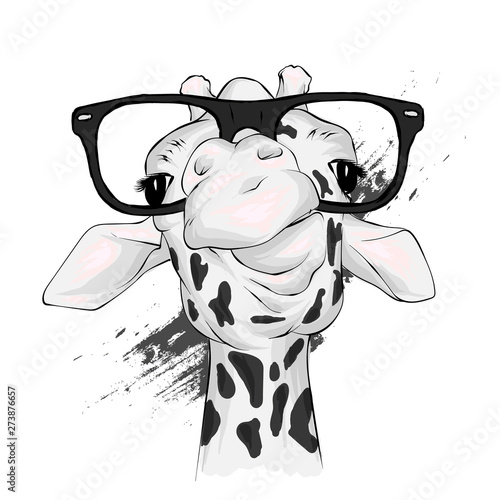 Funny giraffe with glasses. Vector illustration for greeting card or poster. Print on clothing or printed materials. Wild animal.