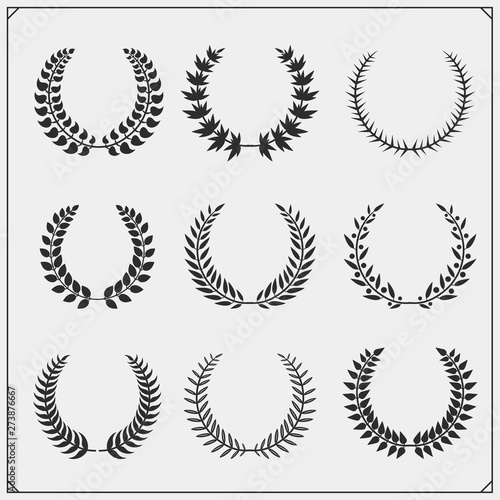 Laurel wreath floral collection. Vector black and white illustration.
