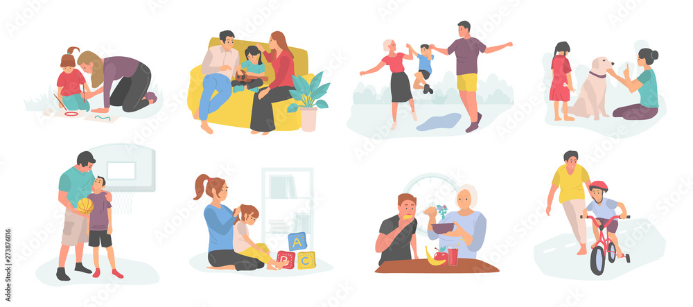 Family spending time with child vector, mother and father with kid teaching how to ride bicycle and care for pet dog, isolated parents and son kiddo - obrazy, fototapety, plakaty 