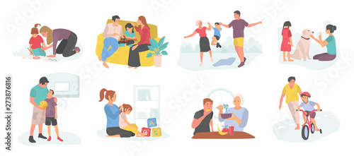 Family spending time with child vector, mother and father with kid teaching how to ride bicycle and care for pet dog, isolated parents and son kiddo