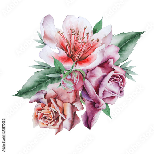 Watercolor bouquet with flowers. Illustration. Hand drawn. © redneks