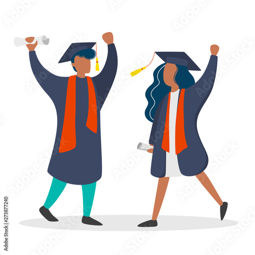 Couple in graduation gown and hat. Girl and boy graduate