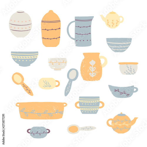 Set of modern ceramic kitchen utensils or crockery - cups, dishes, bowls, pitchers. Set of decorative tableware items isolated on white background. Vector illustration in flat cartoon style