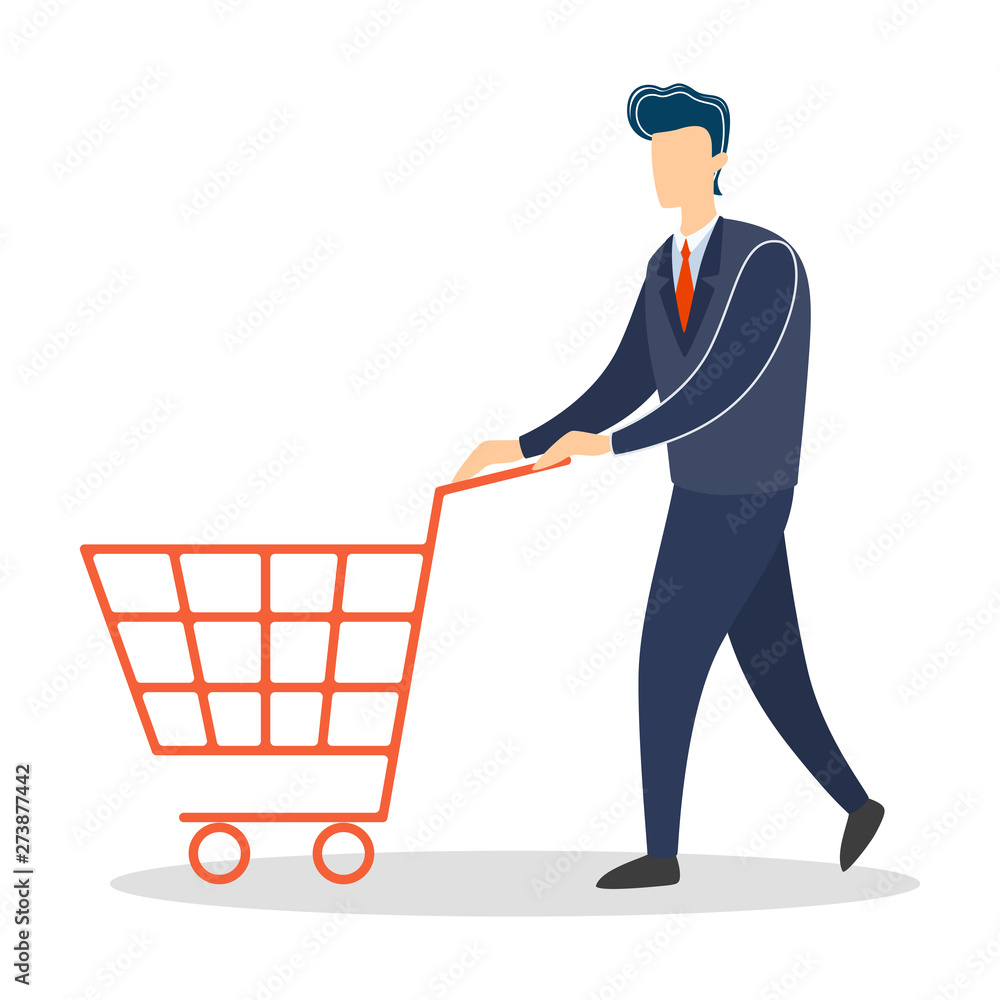 Man in the suit walking with the empty shopping cart Man in the suit walking with the empty shopping cart
