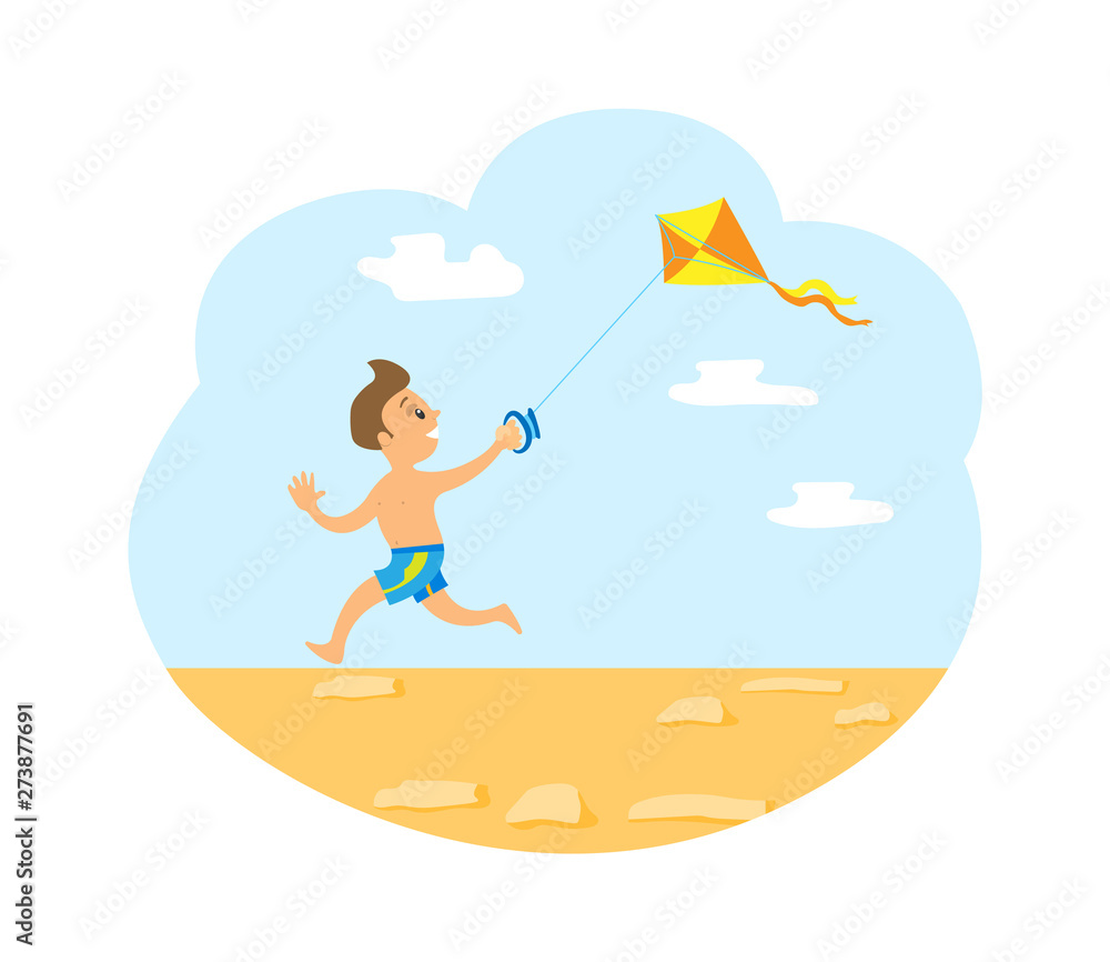 Small boy on summer vacation vector, isolated kid with wind kite having relaxation by seashore. Child wearing swimming suit and jogging. Hot summertime