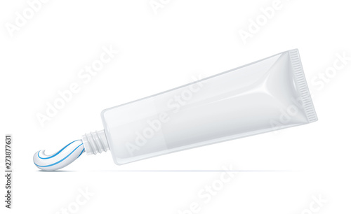 Toothpaste tube. Dental paste. Tooth hygiene. Stomatology prophylaxis equipment. Isolated on gray background. Eps10 vector illustration. photo