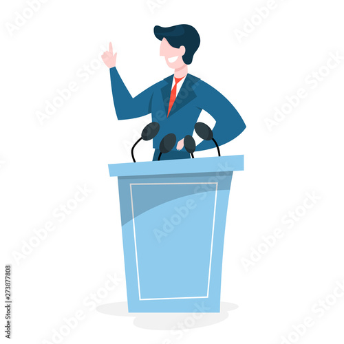 Press conference concept. Politician standing at the microphone