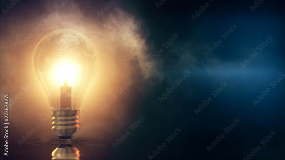 3d rendered illustration of Light Bulb with foggy blue Background - obrazy, fototapety, plakaty 