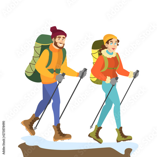 Climber couple. Man and woman in special clothes