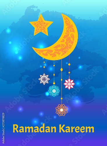 Ramadan Kareem crescent moon and star, internationally-recognized symbol of Islam decorated by ornamental trinket vector poster, religious symbols