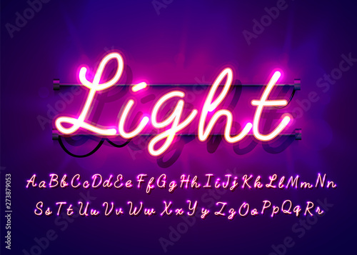 Neon tube hand drawn alphabet font. Script type letters on a dark background. Vector typeface for labels, titles or posters.