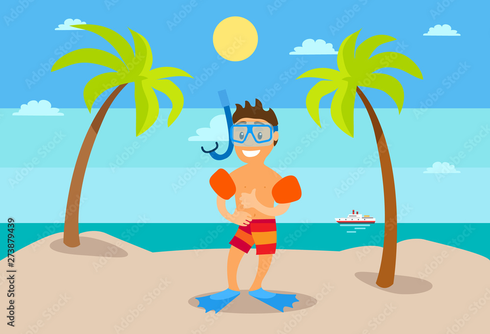 Child in flippers and inflatable circles, standing on beach between palm trees, smiling character in shorts. Sea view with ship, sunny weather vector
