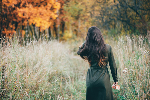 Dreamy beautiful girl with long natural black hair on background with colorful leaves. Fallen leaves in girl hands in autumn forest. Girl surrounded by vivid foliage. Back view. No face. © Daniil