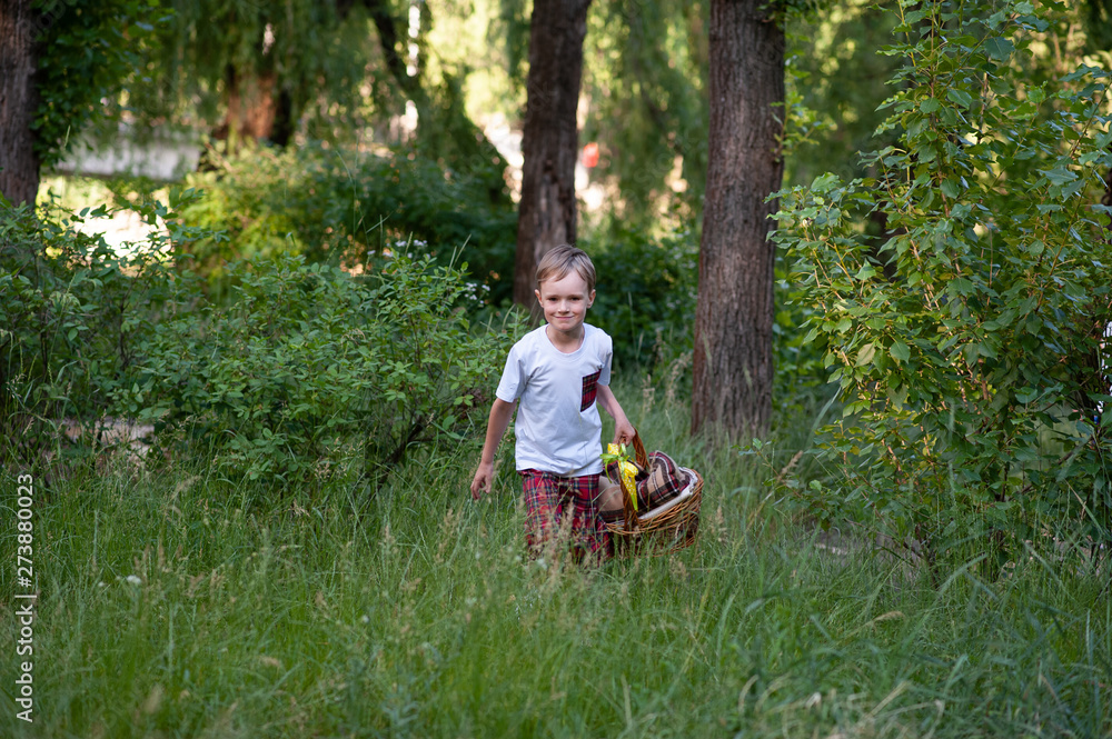 The boy carries a picnic basket The boy carries a picnic basket