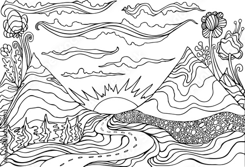 Creative coloring page fantasy with a mountain landscape,clouds,sun and the road leading into the sunset. Cartoon doodle style.