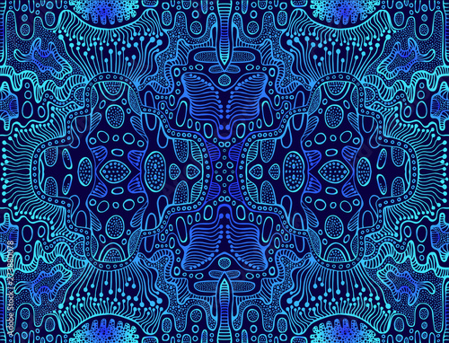Vintage psychedelic tryppi colorful fractal pattern. Gradient blue, dark blue colors. Decorative surreal abstract mandala with maze of ornament shamanic fantasy texture.
