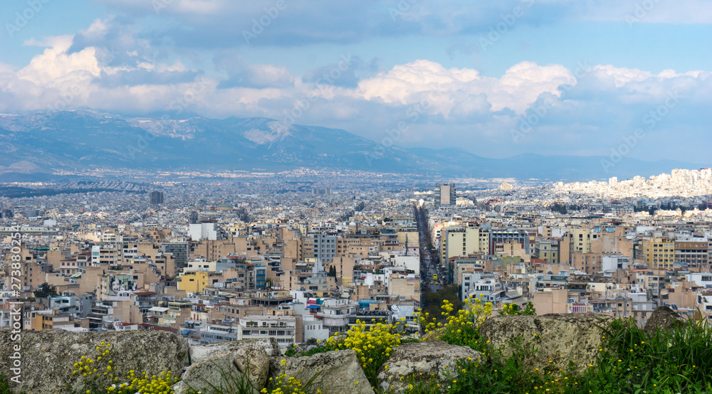 Top view of the panorama of Athens, Greece. View of the buildings and architecture of the city.