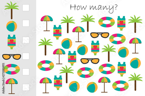 How many counting game with summer beach picture for kids  educational maths task for the development of logical thinking  preschool worksheet activity  count and write the result  vector illustration