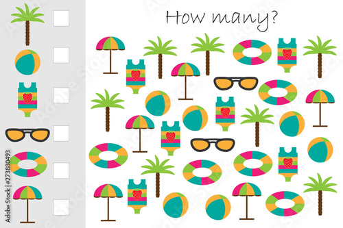 How many counting game with summer beach picture for kids, educational maths task for the development of logical thinking, preschool worksheet activity, count and write the result, vector illustration