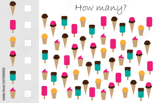 How many counting game with ice cream for kids, educational maths task for the development of logical thinking, preschool worksheet activity, count and write the result, vector illustration