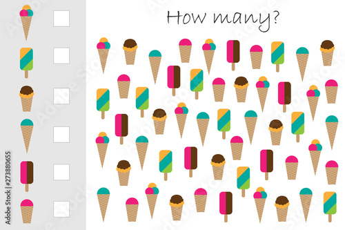 How many counting game with ice cream for kids, educational maths task for the development of logical thinking, preschool worksheet activity, count and write the result, vector illustration