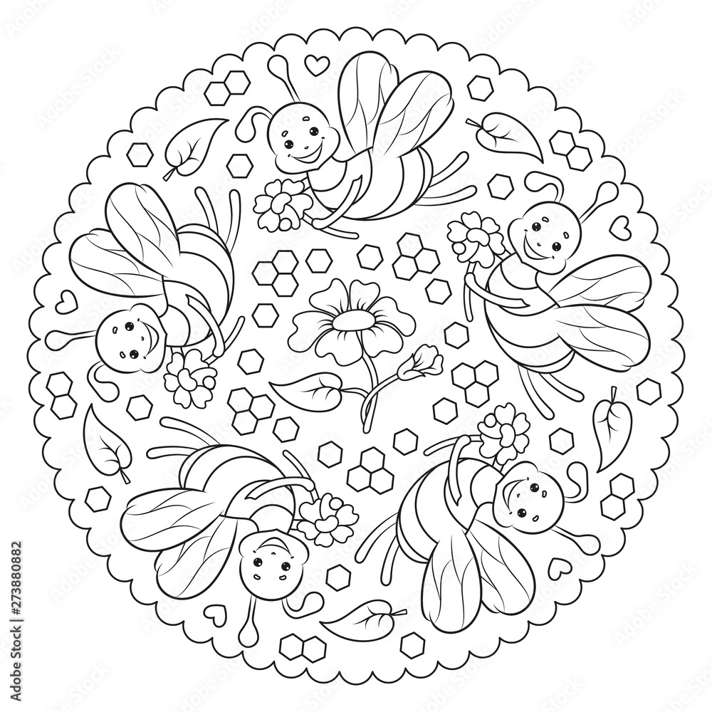 Obraz premium Coloring page mandala for kids with flowers and bees. Vector Illustration.