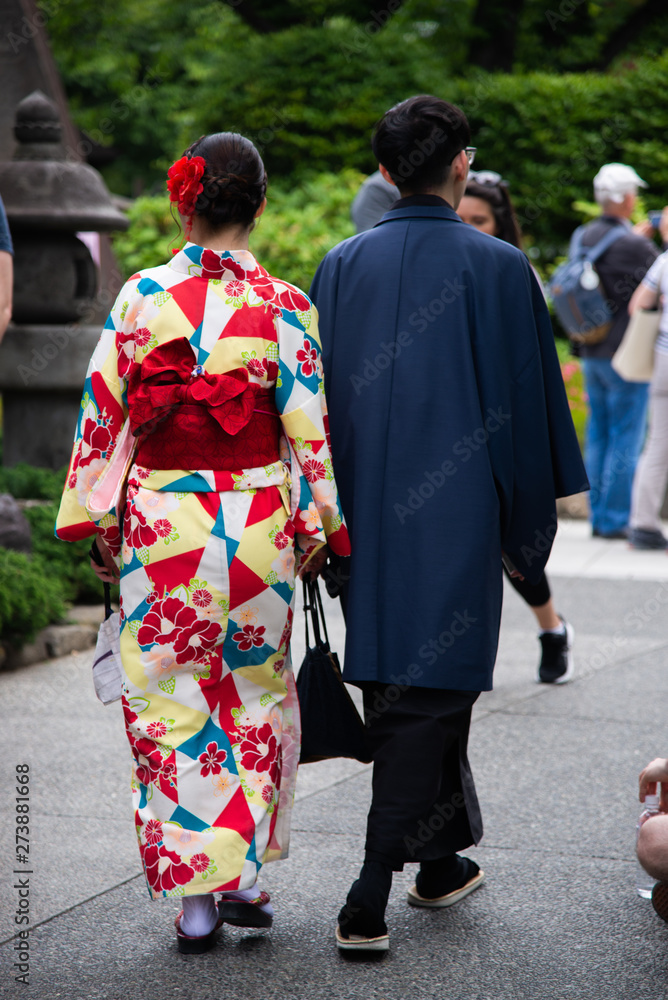 Fototapeta premium Real view of Japanese couple wear tradition cloth kimono and kukata.