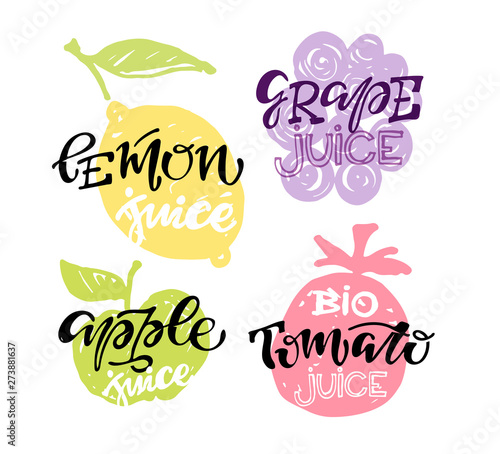 Hand drawn doodle fruit lettering label art for logo , poster, packing. Vegan set bio healthy fruits.