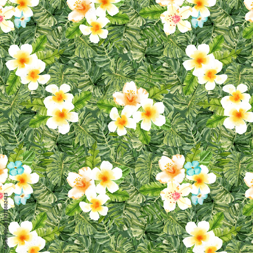 Fototapeta premium Watercolor hand drawn exotic summer leaves and flovers illustration seamless pattern