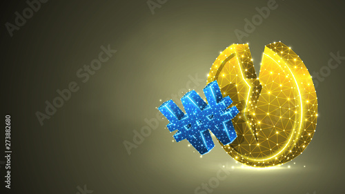 Broken Coin, South Korean Won currency. Money, unstable finance, market crash, broken circle concept. Abstract, digital, wireframe low poly mesh vector colorful 3d illustration. Triangle, line, dot