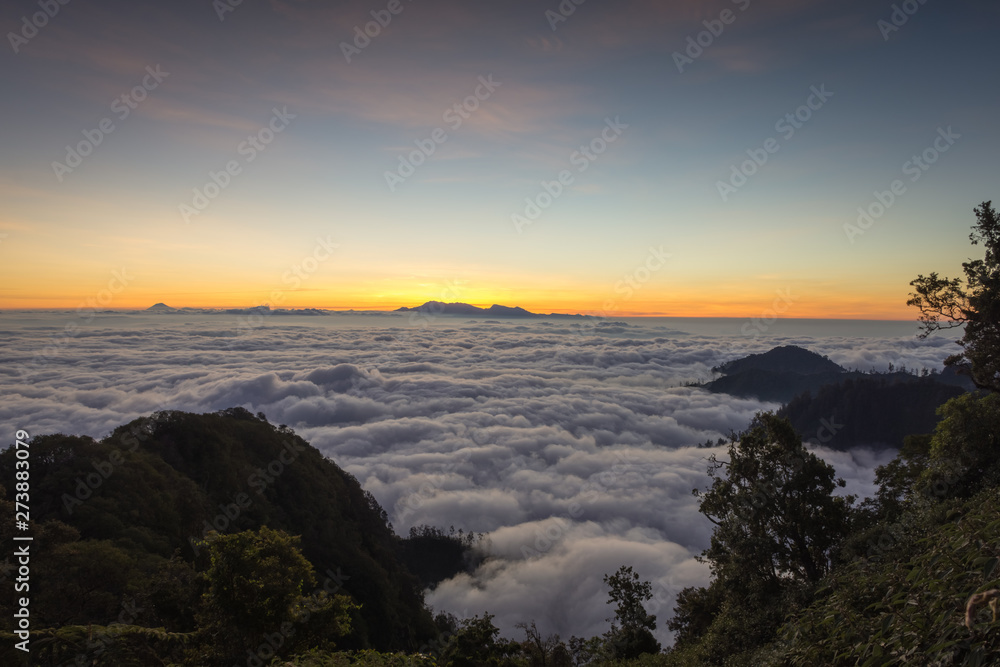 A stunning colorful mountain sunset or sunrise on campsite 7 mount Raung. Raung is the most challenging of all Java’s mountain trails, and the most active volcanoes on the island of Java Indonesia.