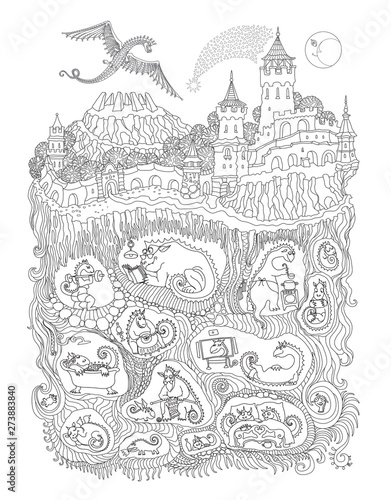 Vector contour thin line illustration. Fairy tale castle, old medieval town and Dragon beast cave underground nest. Black and white hand drawn sketch. Adults coloring book page, tee shirt print