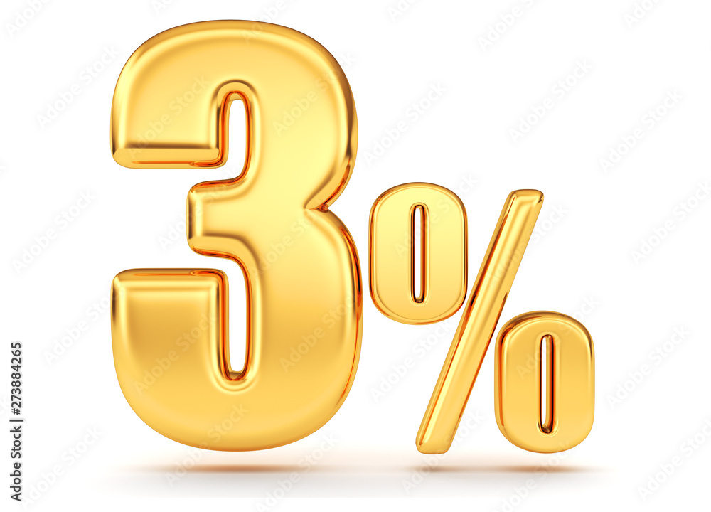 3d render illustration. Golden three percent on a white background. 3d render illustration. Golden three percent on a white background.