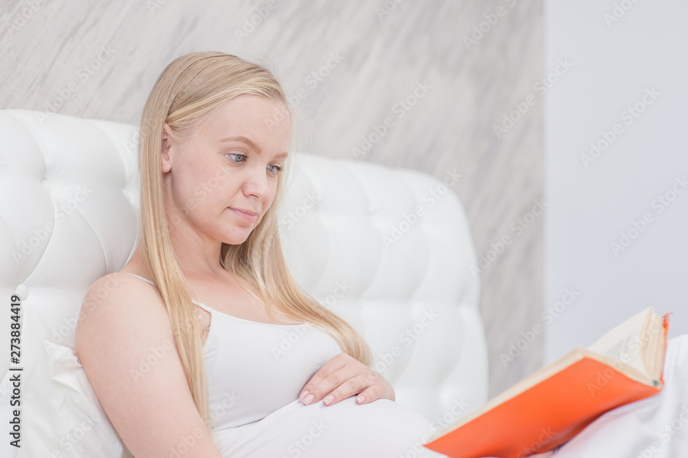 Pregnant woman reading book in his bed at home. Empty space for text Pregnant woman reading book in his bed at home. Empty space for text