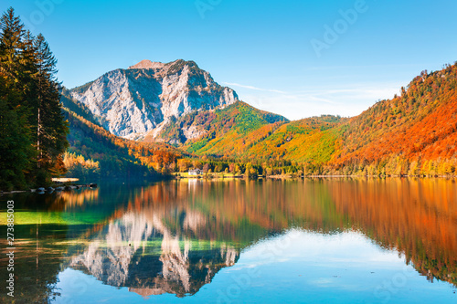 Mountauns with reflections on the lake in Alps, Austria. Vorderer Langbathsee lake. Beautiful autumn landscape