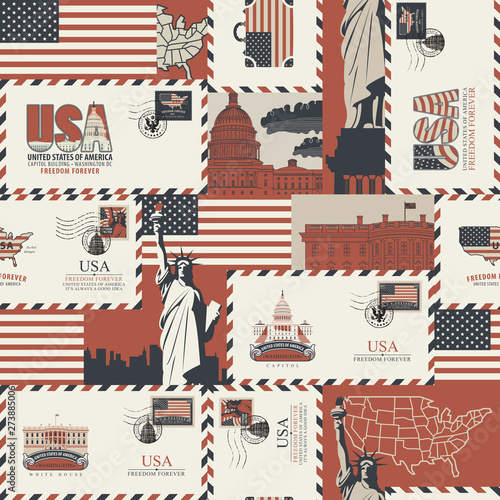 Vector seamless pattern on USA theme with envelopes, American symbols, architectural landmarks and flag of the United States in retro style. Can be used as wallpaper or wrapping paper