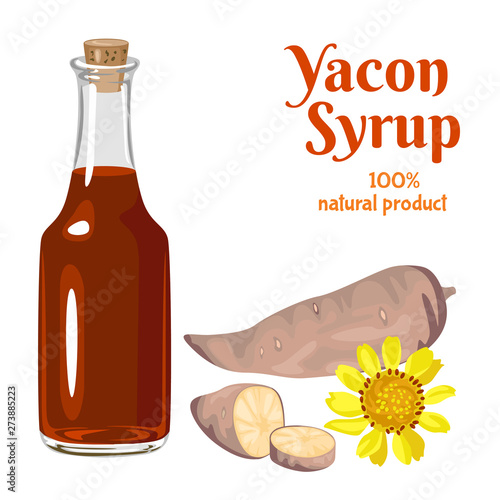 Yacon syrup in a glass bottle isolated on white background. Vector illustration of sweet yacon root, yellow flower in cartoon flat style. Natural sweetener. photo
