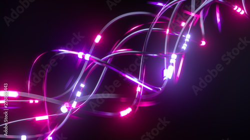 Digital wires with moving information impulse. Creative composition with cables transfering big data and neon light. Twisted lines in motion. Colorful vortex, abstract background. 3d rendering