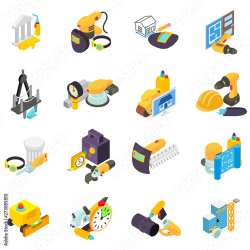 Man work icons set. Isometric set of 16 man work vector icons for web isolated on white background