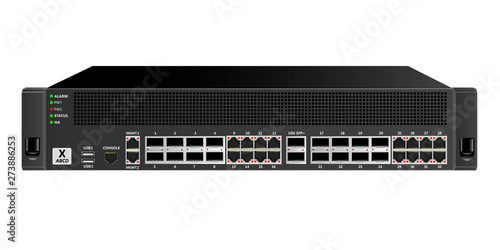 Firewall for mounting in a 19 inch rack with 16 ethernet ports, 16 optical ports, 2 10G SFP+ ports and network management and control ports. Designed for carrier-class networks. Vector illustration.