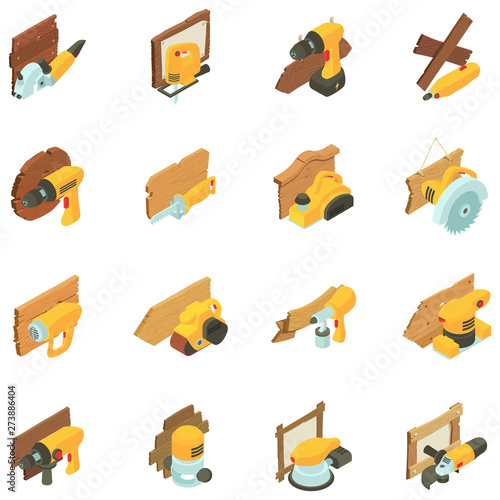 Joinery icons set. Isometric set of 16 joinery vector icons for web isolated on white background