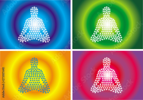 Silhouette of a yogi in lotus from white stars on a colorful background. 4 color options. Spiritual symbol. Vector art graphics.