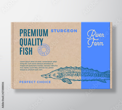 Premium Quality Fish Realistic Cardboard Box. Abstract Vector Packaging Design or Label. Modern Typography, Hand Drawn Sturgeon Silhouette. Craft Paper Background Layout.