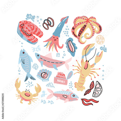 Sea Food Hand Drawn Doodle illusration in scandinavian style with Fish, Crab, lobster, caviar, salmon steak and Oyster. Vector marine inhabitants collection in rough simple colors childish style
