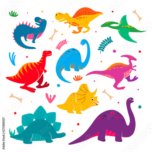 Funny cartoon dinosaurs collection. Jurassic period dinosaur vector set in hand drawn cartoon style. 