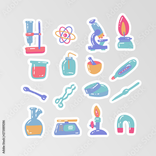Set of stickers for kid chemistry experiment. Laboratory test tubes vector sketch concept education and science illustration in cartoon style. Elements, tools. Reactions research medical stuff