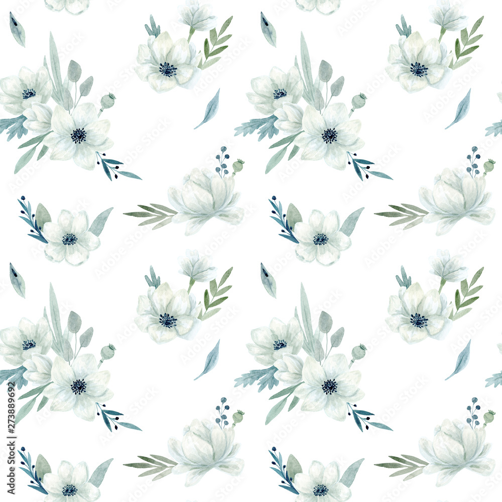 Obraz premium Seamless Pattern. Hand drawn watercolor Poppy flowered anemone. Hand drawn illustration.